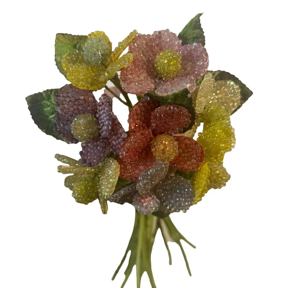 Vintage Beaded Sugared Floral Millinery Bouquet Yellow Lavender Red Flowers